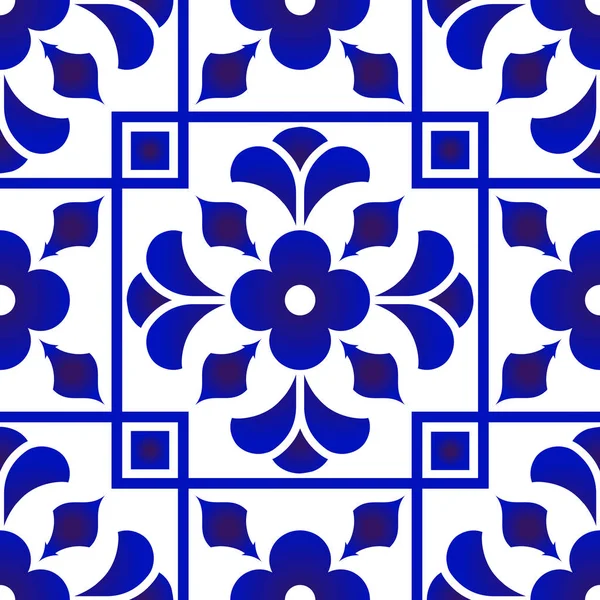 Azulejo azul y blanco patrón de diseño — Vector de stock