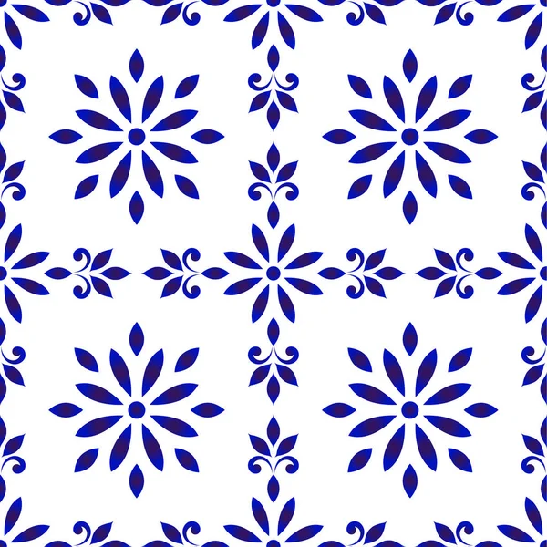 瓷砖图案 无缝瓷装饰 可爱的瓷器背景 蓝色和白色花卉背景设计地板 瓷砖和天花板 矢量插图 — 图库矢量图片