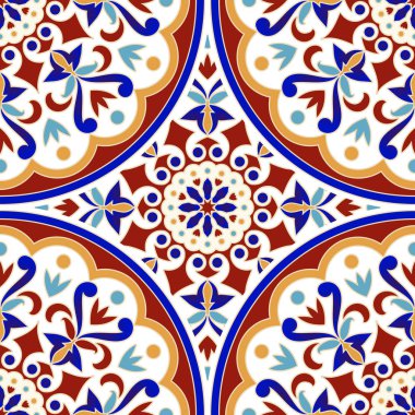 Renkli yama şekilli eski fayans deseni, tasarımınız için soyut çiçek deseni, güzel Hint ve Arap arkaplanı, seramik duvar kağıdı dikişsiz dekor vektörü