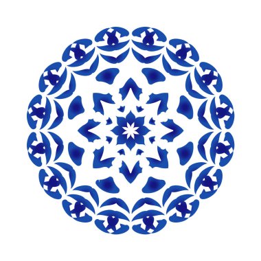 Çiçeksel yuvarlak desen, dairesel dekoratif süs, mavi ve beyaz mandala, seramik arkaplan tasarımı, porselen çömlek çiçek dekoru çizimi