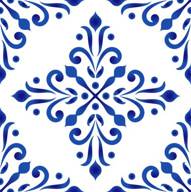 Porselen dekoratif desen, soyut duvar kağıdı dekoru ve damask tarzı, kusursuz mavi ve beyaz seramik arkaplan tasarım dokusu, ipek, zemin ve duvar, vektör illüstrasyonu