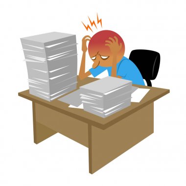Vektör zor gün ofiste yapılması, ona şaşkın ve depresif yapmak çok fazla evrak işi var.