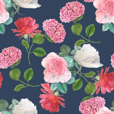 Pembe, kırmızı veya beyaz gül ile Seamless Modeli ve yeşil pembe ortanca suluboya illüstrasyon koyu mavi bir arka plan üzerinde bırakın