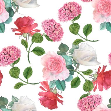 Pembe, kırmızı ve beyaz güllerle kusursuz desen ve yeşil ile pembe ortanca beyaz arka planda suluboya çizimi