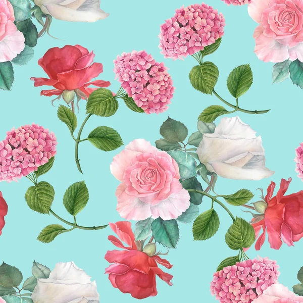 Seamless Pattern Pink Red White Roses Pink Hydrangea Green Leave — Stock Photo, Image