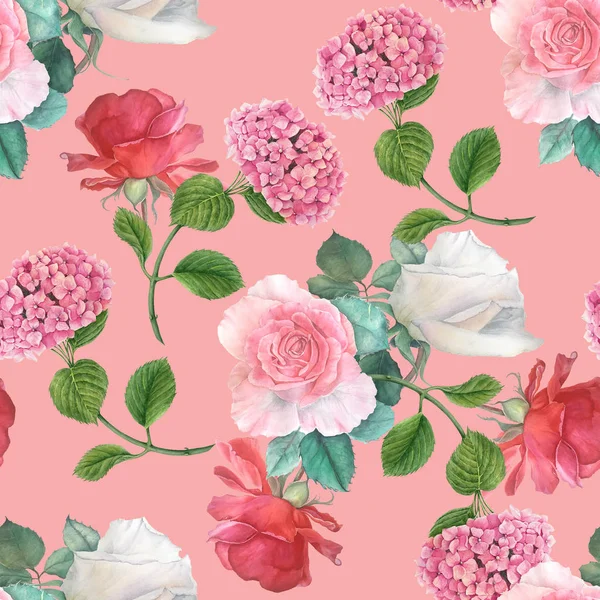 Seamless Pattern Pink Red White Roses Pink Hydrangea Green Leave — Stock Photo, Image