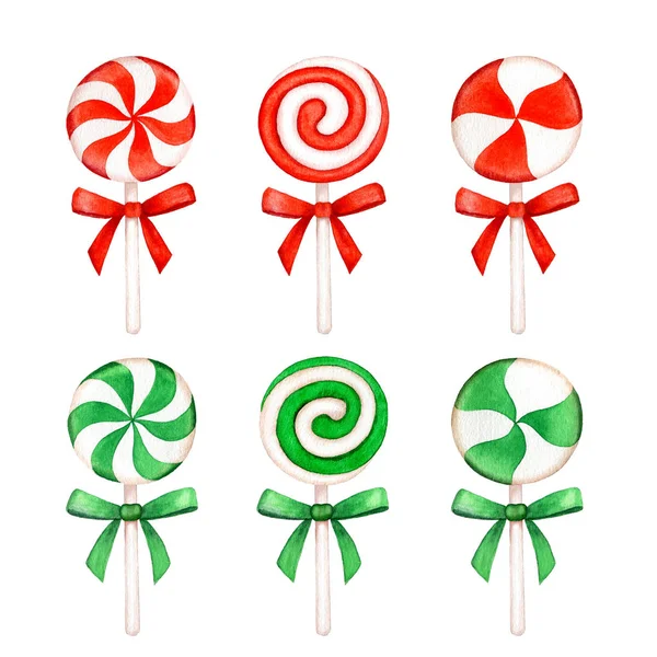 Collection Striped Lollipops Red Bow Watercolor Illustration Isolated White Background — Stock Photo, Image