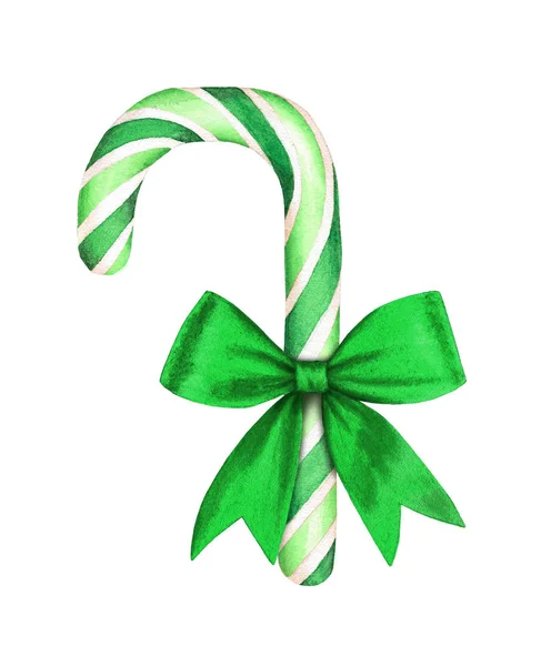 Candy Cane Green White Stripes Green Bow Isolated White Background — Stock Photo, Image