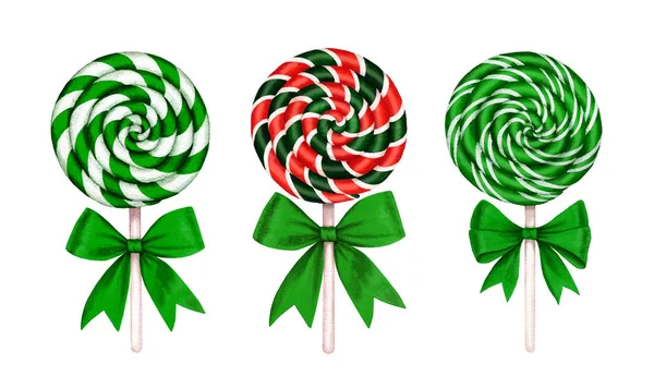 Collection Striped Lollipops Red Bow Watercolor Illustration Isolated White Background — Stock Photo, Image