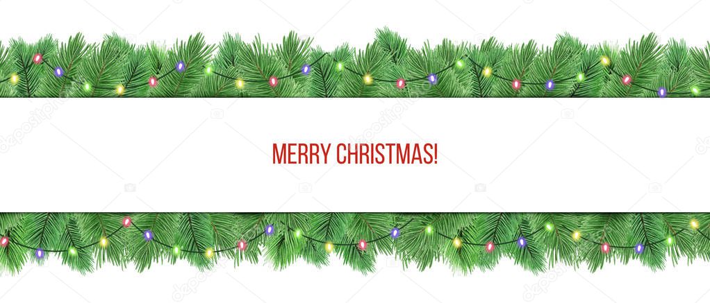 Watercolor Christmas banner with fir branches, garland and place for text. Illustration for banner, greeting cards and invitations isolated on white background.