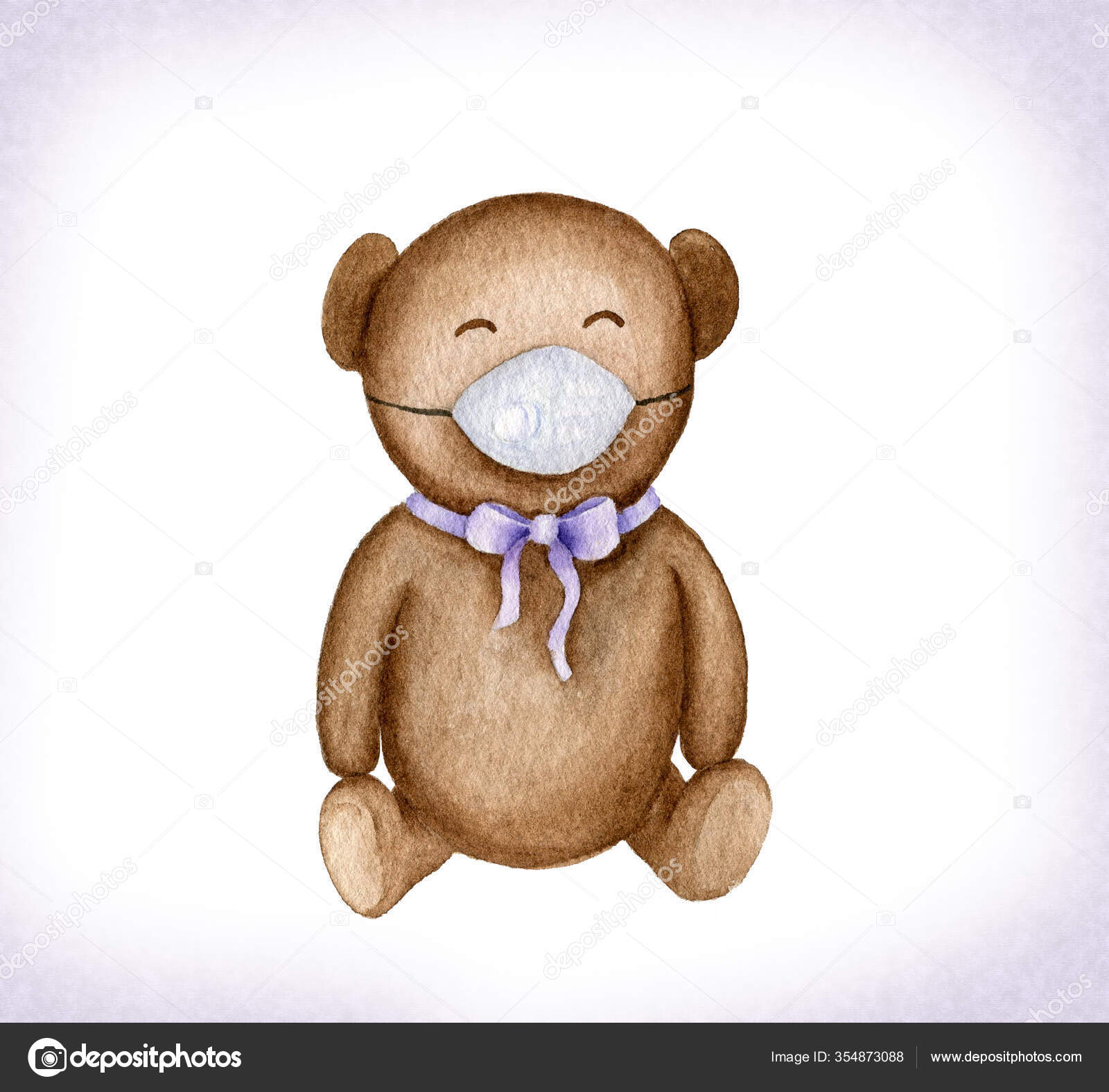Bear Toy Protect Mask Infection Watercolor Illustration Isolated