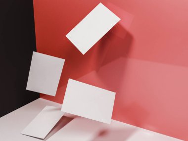 Kartvizit dinamik olarak kırmızı bir arka plan üzerinde dağınık 3 boyutlu görüntüleri işlemek.