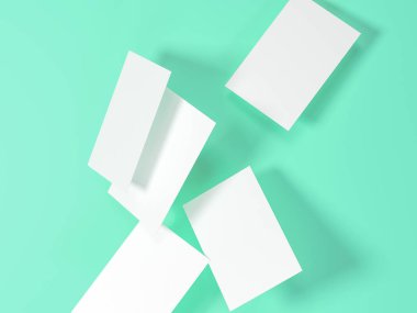 Kartvizit dinamik olarak turkuaz bir arka plan üzerinde dağınık 3 boyutlu görüntüleri işlemek.