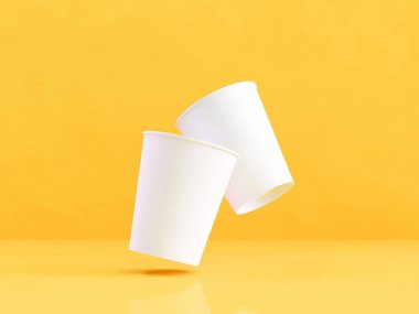 kağıt bardak doğal ışık altında uçakta 3D modeli. Sarı arka plan. 3D render.