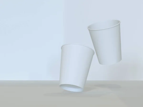 3D model papírových kelímků na rovině pod přirozeným světlem. Bílé pozadí. 3D vykreslování. — Stock fotografie