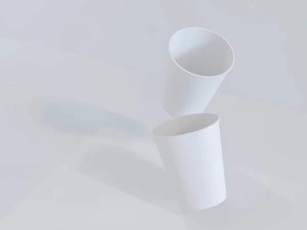 3D model papírových kelímků na rovině pod přirozeným světlem. Bílé pozadí. 3D vykreslování. — Stock fotografie