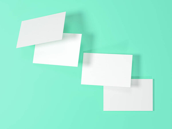 render 3d images of business cards dynamically scattered on a turquoise background.