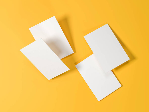 render 3d images of business cards dynamically scattered on a yellow background.