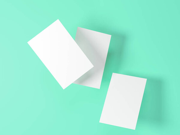 render 3d images of business cards dynamically scattered on a turquoise background.