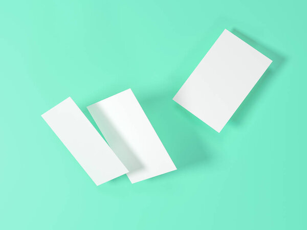 render 3d images of business cards dynamically scattered on a turquoise background.