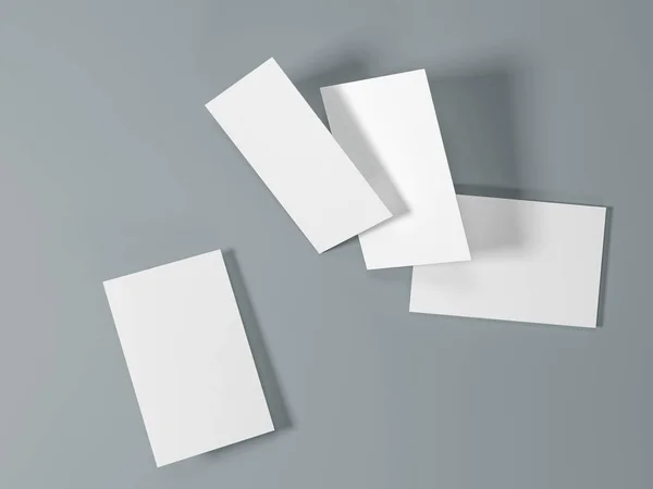 Рендеринг 3D изображений визитных карточек динамически разбросанных на сером фоне . — стоковое фото