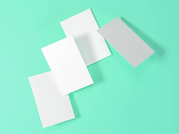 render 3d images of business cards dynamically scattered on a turquoise background.