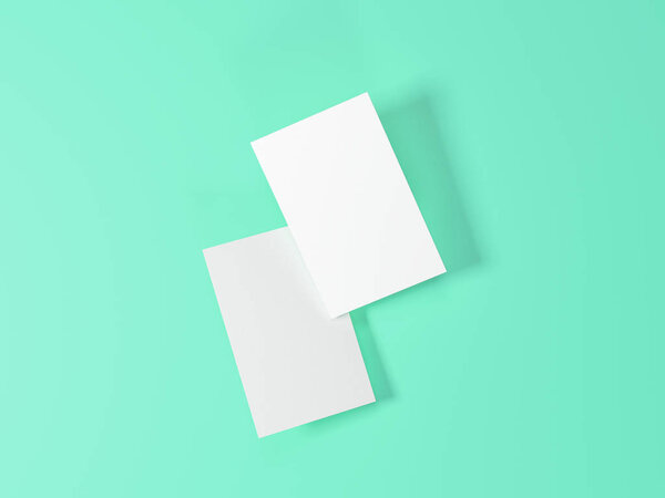 render 3d images of business cards dynamically scattered on a turquoise background.