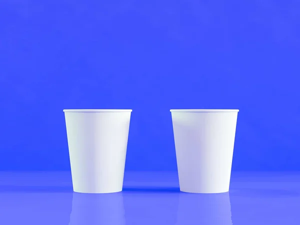 3d model of paper cups on the plane under natural light. Blue background. 3d renderer. — Stock Photo, Image