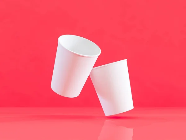 Modelo 3d de vasos de papel en el plano bajo luz natural. Fondo rojo. renderizador 3d . —  Fotos de Stock