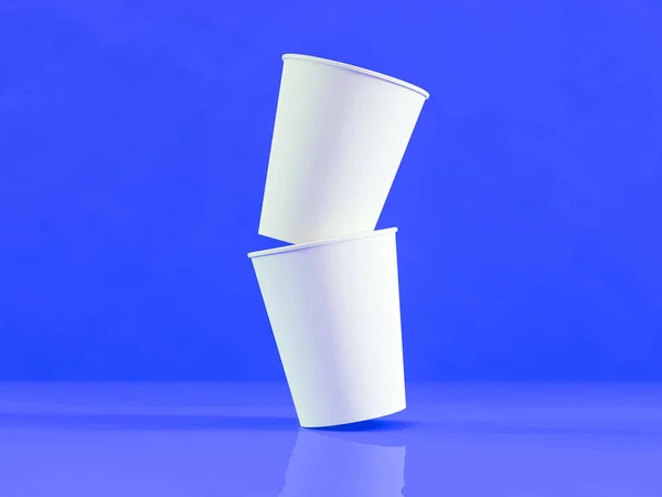 Modello 3d di bicchieri di carta sul piano in luce naturale. Sfondo blu. renderizzatore 3d . — Foto Stock