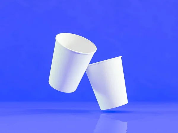 3D model papírových kelímků na rovině pod přirozeným světlem. Modré pozadí. 3D vykreslování. — Stock fotografie