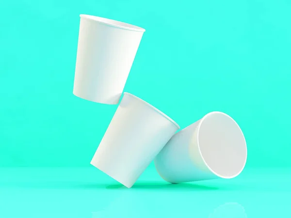 3D-model voor papier cups op het vliegtuig onder natuurlijke licht. Turkooizen achtergrond. 3D-renderer. — Stockfoto
