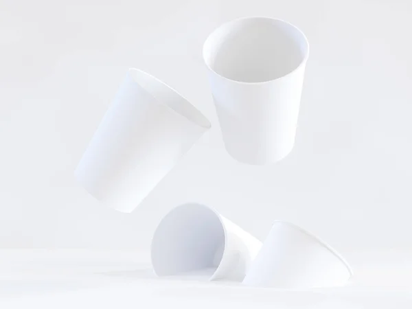 Modelo 3d de vasos de papel en el plano bajo luz natural. Fondo blanco. renderizador 3d . — Foto de Stock