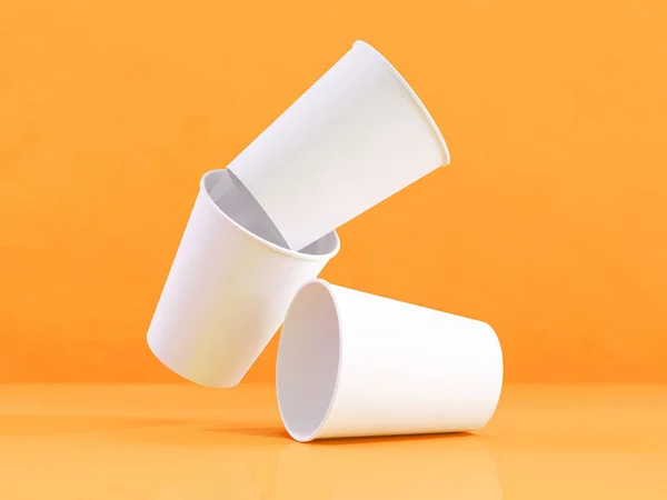 3D-model voor papier cups op het vliegtuig onder natuurlijke licht. Gele achtergrond — Stockfoto