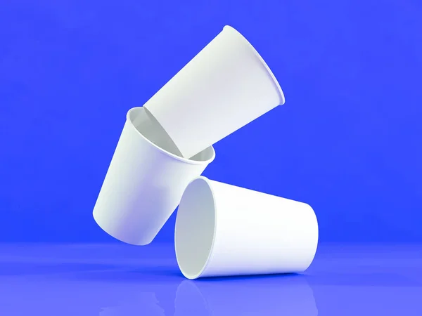 Modello 3d di bicchieri di carta sul piano in luce naturale. Fondo blu — Foto Stock