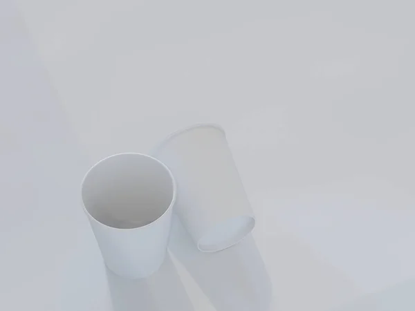 รูปแบบ 3 มิติของถ้วยกระดาษบนเครื่องบินภายใต้แสงธรรมชาติ สีขาวพื้นหลัง — ภาพถ่ายสต็อก