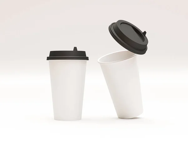 3d model of paper cups with a lid standing on a plane under natural light. White background. Rendering. — Stock Photo, Image