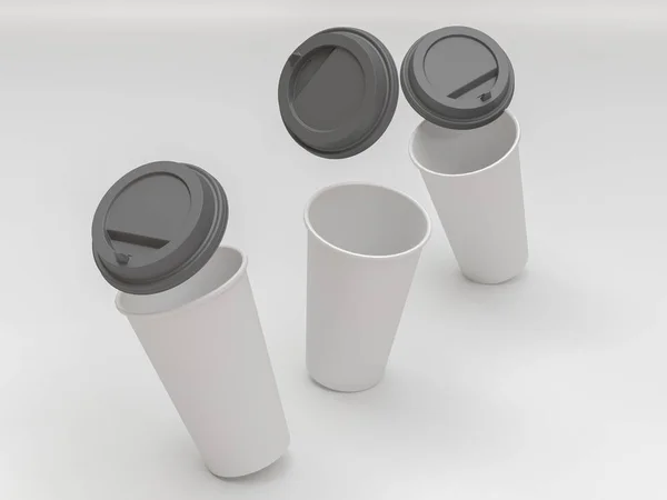 kağıt bardak doğal ışık altında bir uçakta bir kapak konumu olan 3D modeli. Beyaz arka plan. İşleme.