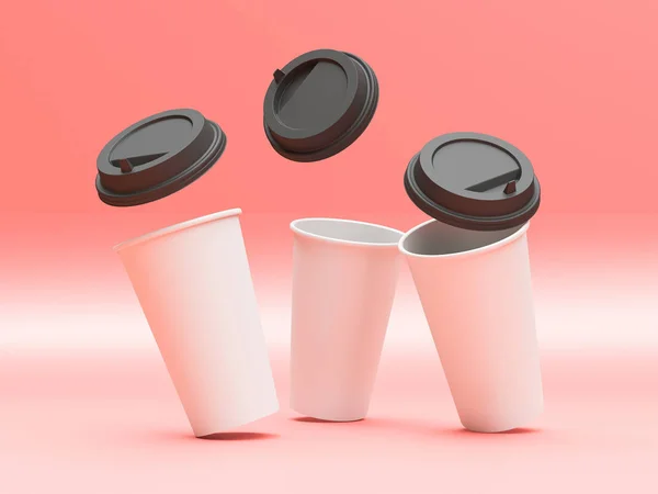 3d model of paper cups with a lid standing on a plane under natu — Stock Photo, Image