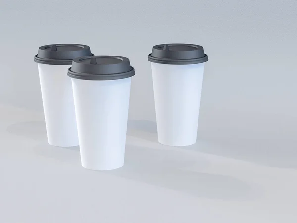 3d model of paper cups with a lid standing on a plane under natu — Stock Photo, Image