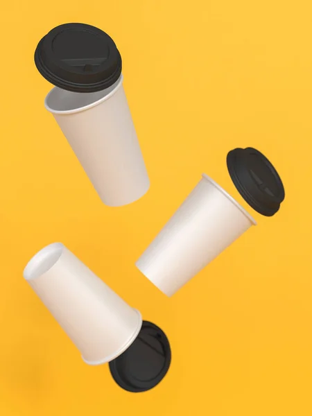 3d model of paper cups with a lid standing on a plane under natural light. Yellow background. Rendering. — Stock Photo, Image