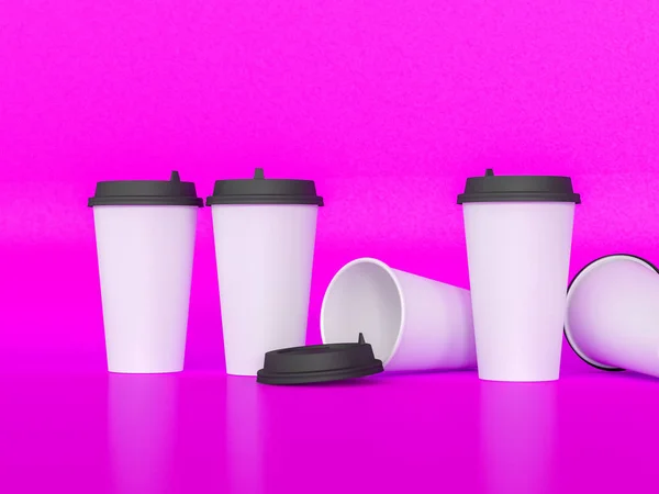 3d model of paper cups with a lid standing on a plane under natural light. Pink background. Rendering.