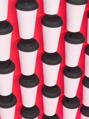 kağıt bardak tamplate doğal ışık altında bir uçakta bir kapak konumu olan 3d. Kırmızı arka plan. İşleme.