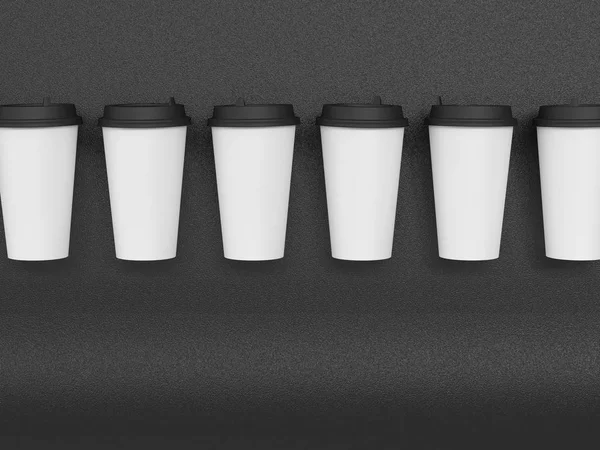 Paper cups tamplate 3d with a lid standing on a plane under natural light. Gray background. Rendering. — Stock Photo, Image