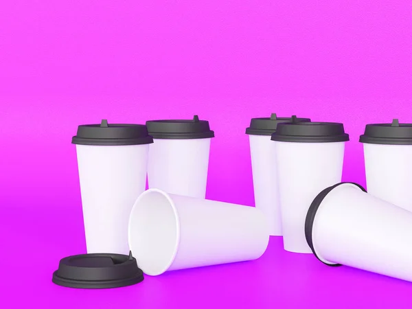 kağıt bardak tamplate doğal ışık altında bir uçakta bir kapak konumu olan 3d. Mor arka plan. İşleme.