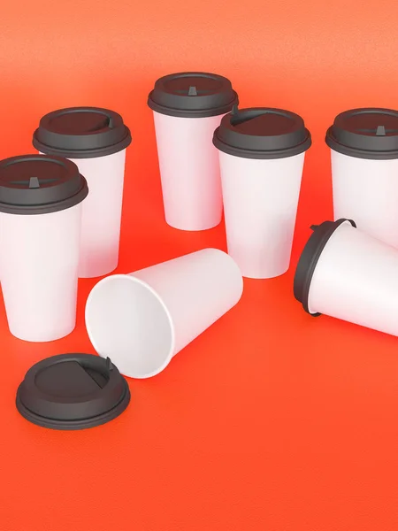 kağıt bardak tamplate doğal ışık altında bir uçakta bir kapak konumu olan 3d. Kırmızı arka plan. İşleme.