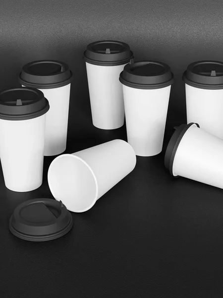 Бумажные стаканчики тамплин 3d с крышкой, стоящей на плоскости при естественном освещении. Темно-серый фон. Рендеринг . — стоковое фото