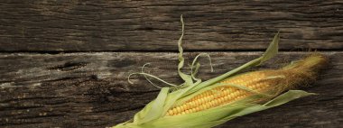 Kabuklu bir mısır koçanı eski ahşap bir masanın üzerinde yatar. Minimalizm, yatay yönelim