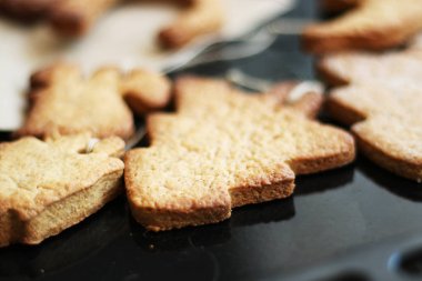 Mutlu noeller. Zencefilli kurabiye ve siyah arka planda kraft ambalajlı şık bir Noel hediyesi. İple çevre dostu Noel süslemeleri. Çocuklarla el işi. El yapımı bir hediye.