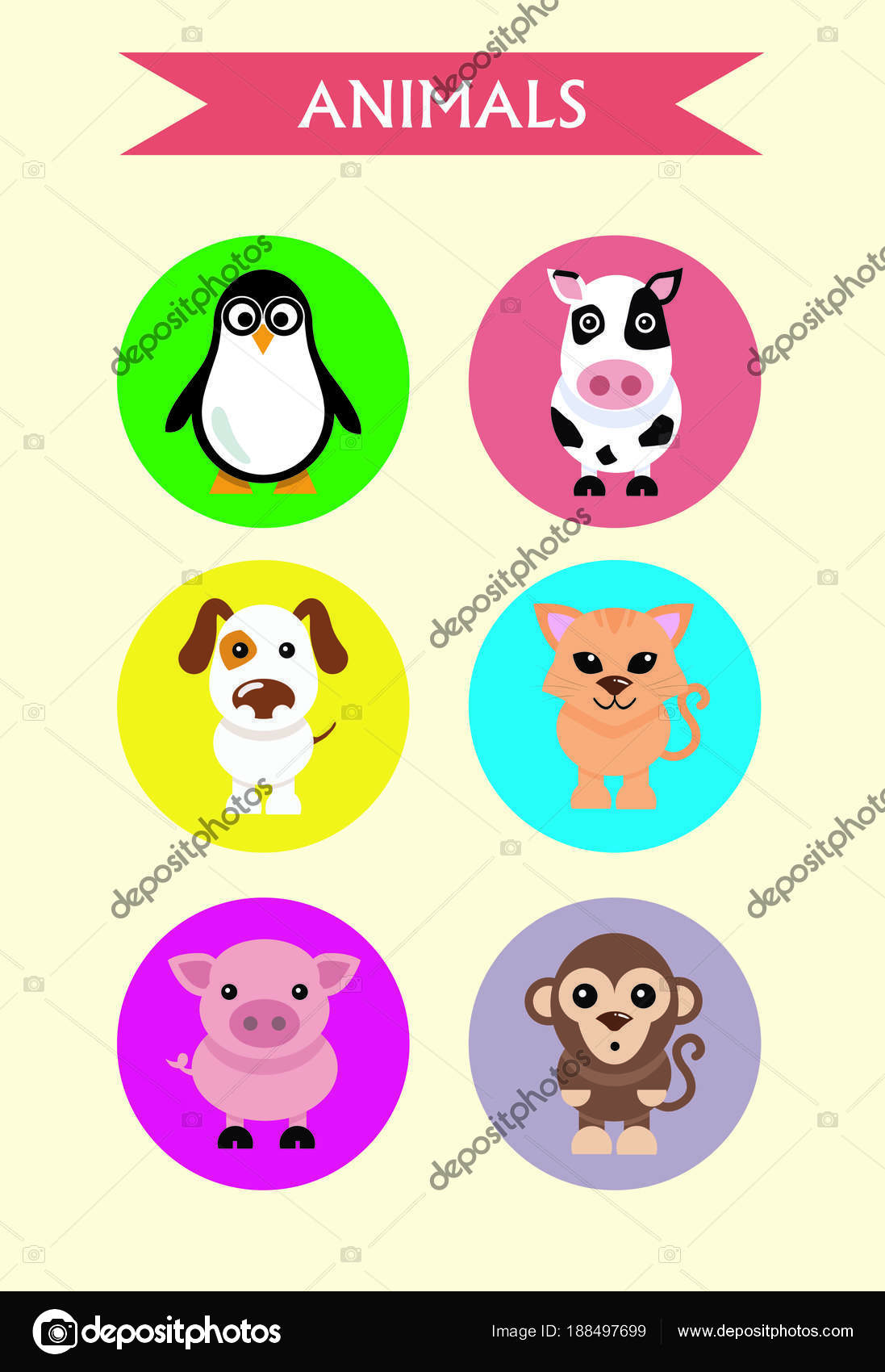 Set Aufkleber Tiere Hund Katze Kuh Schwein Pinguin Affe Lustig  Stock-Vektorgrafik von ©marklys 188497699